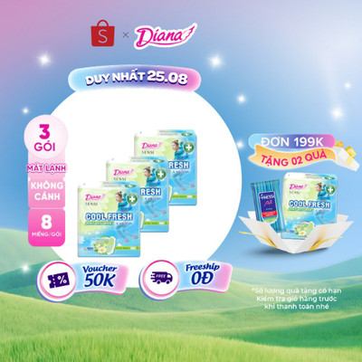 Bộ 3 gói băng Vệ Sinh Diana Sensi Cool Fresh Mát Dịu Siêu Mỏng Không Cánh 8 miếng/gói