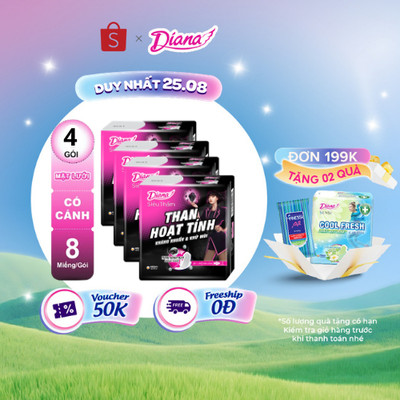 Bộ 4 gói băng vệ sinh Diana Siêu Thấm Than Hoạt Tính Siêu mỏng cánh 8 miếng/gói