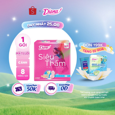 Băng vệ sinh Diana siêu thấm siêu mỏng cánh 23cm gói 8 miếng