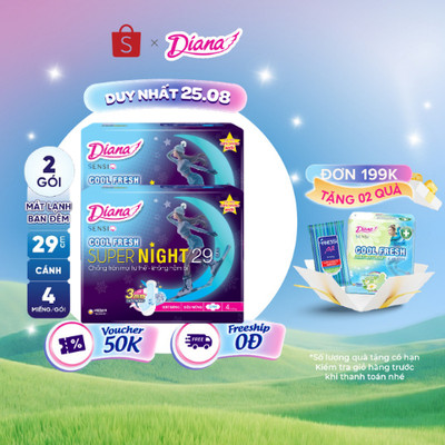 Bộ 2 gói băng vệ sinh Diana Sensi Cool Fresh Night 29cm 4 miếng/gói