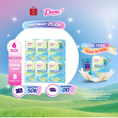 Bộ 6 gói băng Vệ Sinh Diana Sensi Cool Fresh Mát Dịu Siêu Mỏng Không Cánh 8 miếng/gói