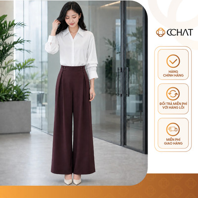 Quần Ống Rộng 𝐂𝐂𝐇𝐀𝐓 Dáng Suông Kiểu Daria Cạp Cao Khuy Cài Đôi Chất Liệu Tuytsi Cao Cấp 16QDS2059ST