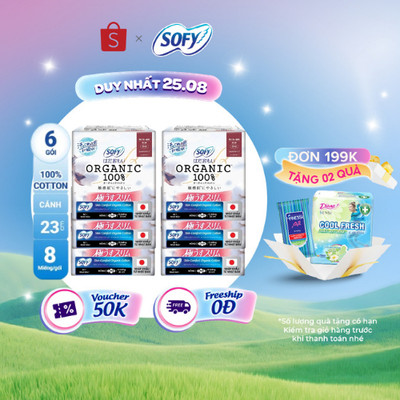 Bộ 6 Băng vệ sinh siêu mỏng có cánh Sofy Organic 23cm 100% Cotton (gói 8 miếng)