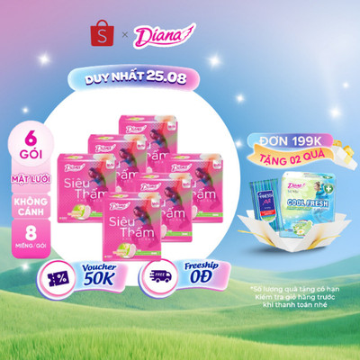 Bộ 6 gói băng Vệ Sinh Diana Siêu thấm Siêu mỏng không cánh (Gói 8 Miếng)