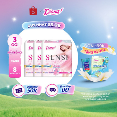 (Sản phẩm cải tiến) Bộ 3 gói băng vệ sinh Diana Sensi siêu mỏng cánh gói 8 miếng/gói