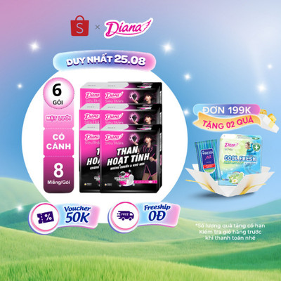 Bộ 6 gói băng vệ sinh Diana Siêu Thấm Than Hoạt Tính Siêu mỏng cánh 8 miếng/gói
