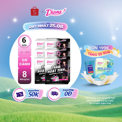 Bộ 6 gói băng vệ sinh Diana Sensi Than Hoạt Tính Siêu mỏng cánh 8 miếng/gói