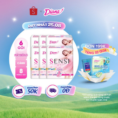 (Sản phẩm cải tiến) Bộ 6 gói băng vệ sinh Diana Sensi siêu mỏng cánh gói 8 miếng/gói