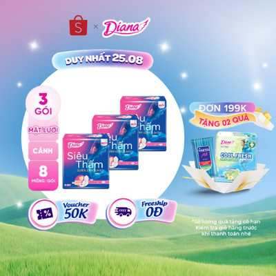 Bộ 3 gói băng Vệ Sinh Diana Siêu thấm siêu siêu mỏng 0.1(Gói 8 miếng)