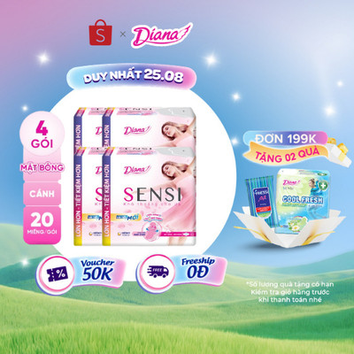 (Sản phẩm cải tiến) Bộ 4 gói băng vệ sinh Diana Sensi siêu mỏng cánh 20 miếng/gói