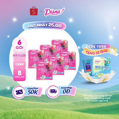 Bộ 6 gói băng vệ sinh Diana siêu thấm siêu mỏng cánh 23cm gói 8 miếng