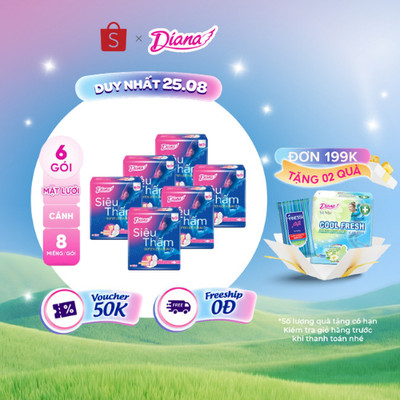 Bộ 6 gói băng Vệ Sinh Diana Siêu thấm siêu siêu mỏng 0.1(Gói 8 miếng)