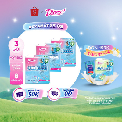 Bộ 3 gói băng vệ sinh Diana Siêu Thấm Cool Fresh Siêu Mỏng Cánh 8 miếng/gói
