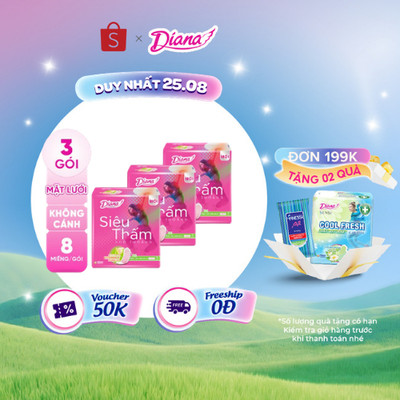Bộ 3 gói băng Vệ Sinh Diana Siêu thấm Siêu mỏng không cánh (Gói 8 Miếng)