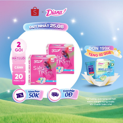 Bộ 2 gói băng vệ sinh Diana siêu thấm siêu mỏng cánh 20 miếng/gói