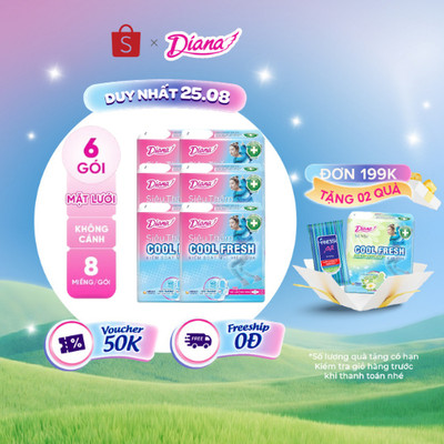 Bộ 6 gói băng vệ sinh Diana Siêu Thấm Cool Fresh Siêu Mỏng Cánh 8 miếng/gói