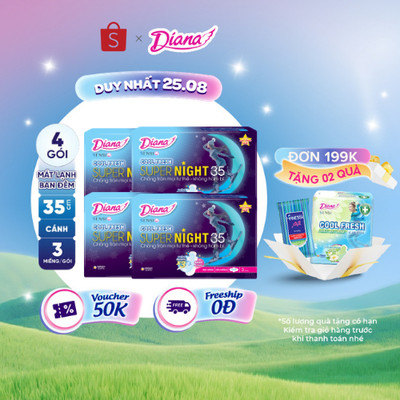 Bộ 4 gói băng vệ sinh ban đêm Diana Sensi Cool Fresh Supernight 35cm 3 miếng/gói 