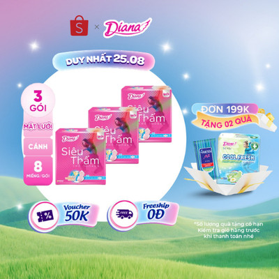 Bộ 3 gói băng vệ sinh Diana siêu thấm siêu mỏng cánh 23cm gói 8 miếng
