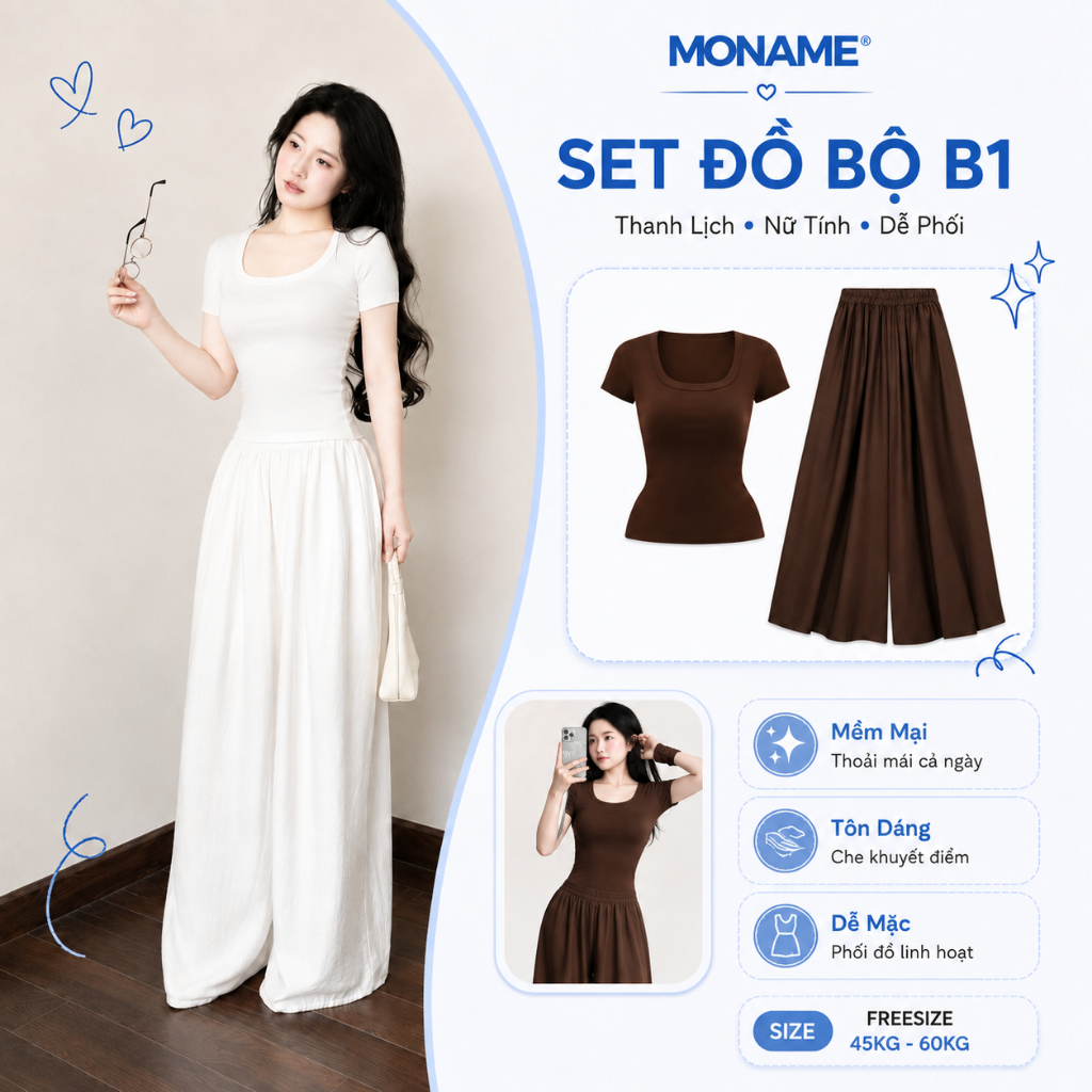 Set Bộ Đồ Nữ Áo Thun Cổ Vuông Ôm , Quần Dài Đũi Tơ Ống Rộng Mặc Hè Thoáng Mát Đi Biển B1