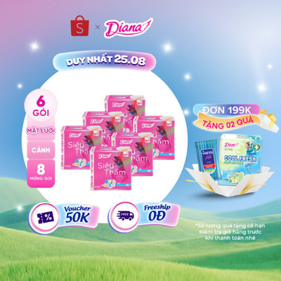 Bộ 6 gói băng vệ sinh Diana siêu thấm siêu mỏng cánh 20 miếng/gói