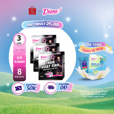 Bộ 3 gói băng vệ sinh Diana Sensi Than Hoạt Tính Siêu mỏng cánh 8 miếng/gói