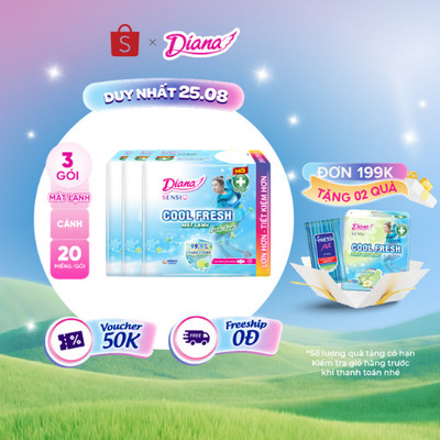 Bộ 3 gói băng vệ sinh Diana Sensi Cool Fresh siêu mỏng cánh gói 20 miếng/gói