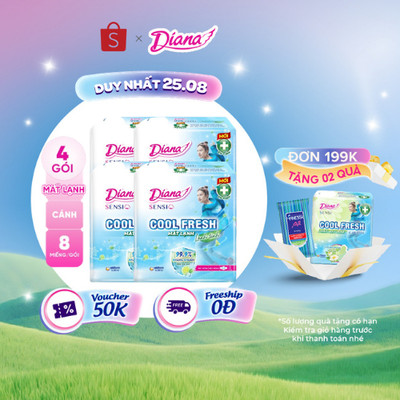 Bộ 4 gói băng vệ sinh Diana SenSi Cool Fresh siêu mỏng cánh gói 8 miếng/gói