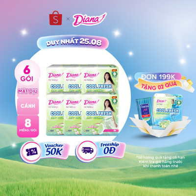 Bộ 6 gói băng Vệ Sinh Diana Sensi Cool Fresh Mát Dịu Siêu Mỏng Cánh 8 miếng