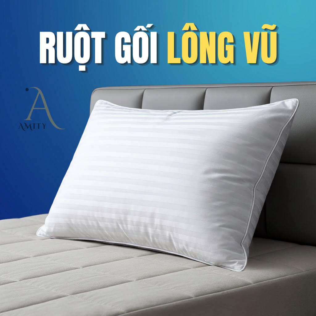 Ruột Gối Nằm Lông Vũ | Microfiber bọc vải Cotton Tici sọc 3F | Thoáng Khí, Mát Mẻ, Giảm Đau Mỏi Cổ K
