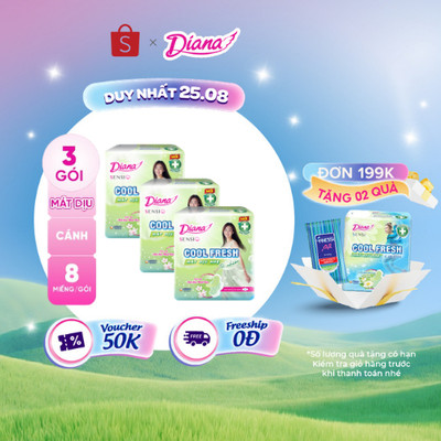 Bộ 3 gói băng Vệ Sinh Diana Sensi Cool Fresh Mát Dịu Siêu Mỏng Cánh 8 miếng