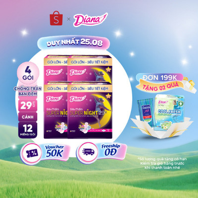 Bộ 4 gói băng vệ sinh ban đêm Diana siêu thấm Supernight 29cm 12 miếng/gói