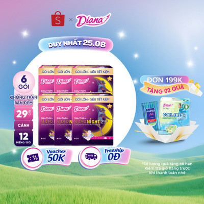 Bộ 6 gói băng vệ sinh ban đêm Diana siêu thấm Supernight 29cm 12 miếng/gói