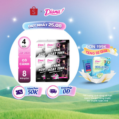 Bộ 4 gói băng vệ sinh Diana Sensi Than Hoạt Tính Siêu mỏng cánh 8 miếng/gói