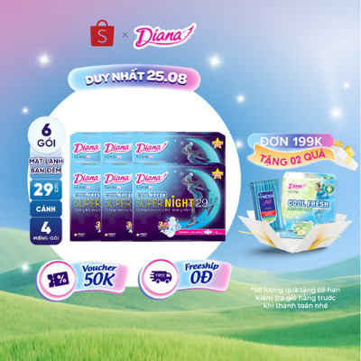 Bộ 6 gói băng vệ sinh Diana Sensi Cool Fresh Night 29cm 4 miếng/gói