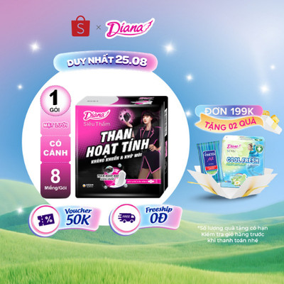 Băng vệ sinh Diana Siêu Thấm Than Hoạt Tính Siêu mỏng cánh 8 miếng