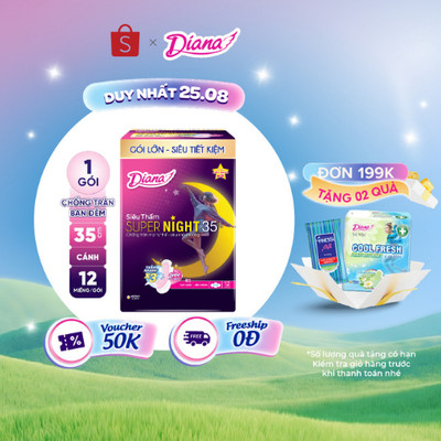 Băng vệ sinh ban đêm Diana siêu thấm Supernight 35cm gói 12 miếng