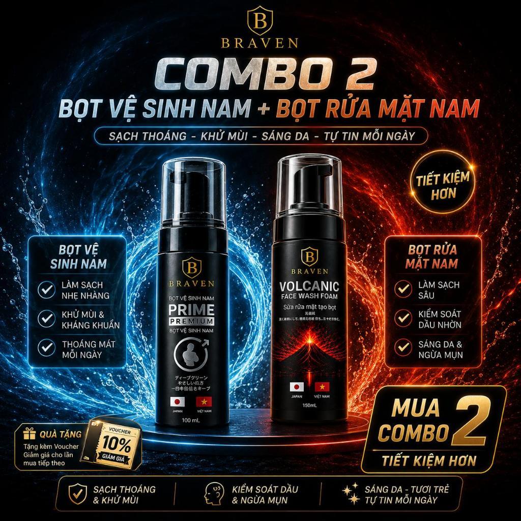 [COMBO 2] BRAVEN Bọt Rửa Mặt Nam VOLCANIC 150ml + Bọt Vệ Sinh Nam PRIME PREMIUM 100ml | Sạch Sâu, Ki