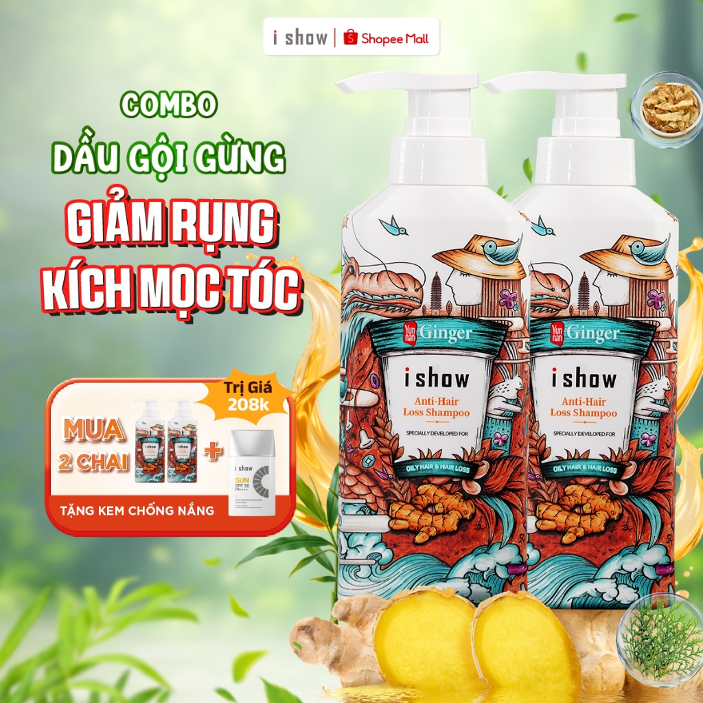 Combo 2 Chai Dầu Gội Gừng I SHOW Giảm Rụng Kích Mọc Tóc, Dầu Gội Thảo Dược 300ml/chai