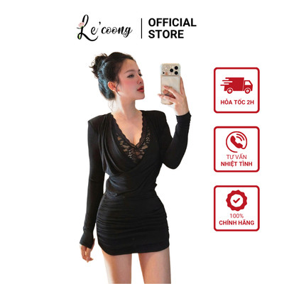 Váy Body Dài Tay Phối Ren LECOONG V897 Váy Đẹp Cổ V Đen Trắng Sang Chảnh