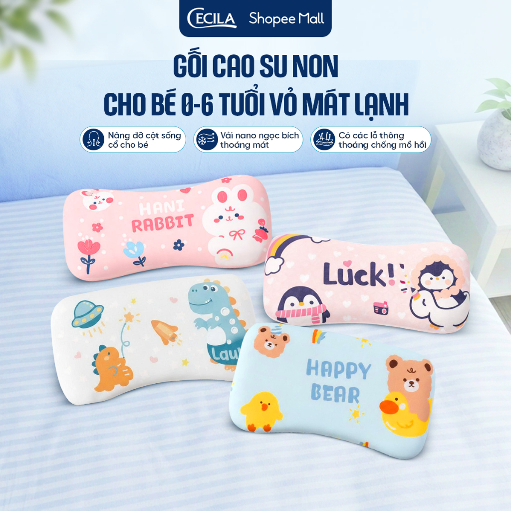 Gối cao su non cho bé 0-1-2-3-4-5-6 tuổi CECILA thiết kế đục lỗ chống méo đầu…