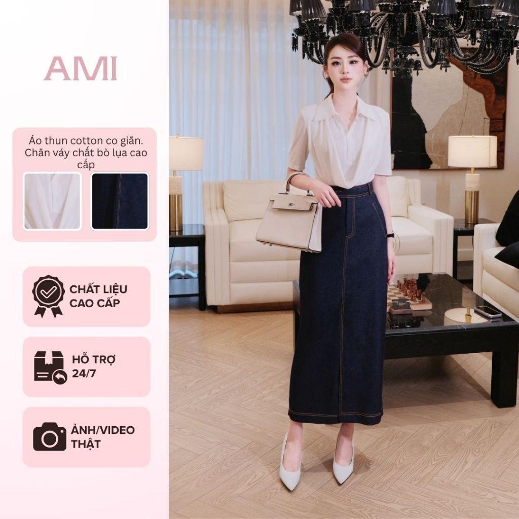 Set Đồ Công Sở Thanh Lịch AMI Dress, Áo Ngắn Tay Cổ Sơ Mi Xếp Nhún Kèm Chân Váy Denim Dài Xẻ Tà Tôn 