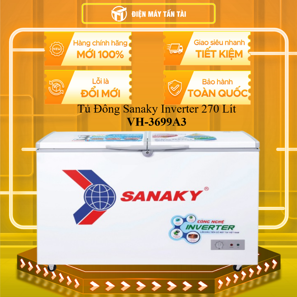 (HCM) - VH-3699A3 - Tủ Đông Sanaky Inverter 270 Lít VH-3699A3 - 1 NGĂN ĐÔNG, 2 CỬA, DÀN LẠNH ĐỒNG