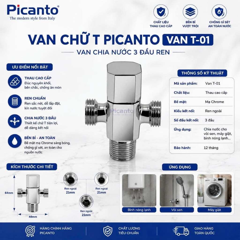 Picanto Van T-01 Thau – Van Chữ T Chia Nước 3 Đầu Ren, Van Nước
