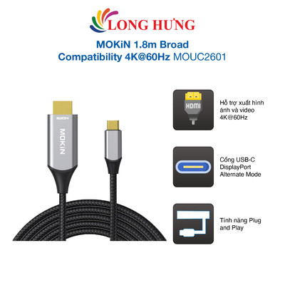 Cáp USB Type-C to HDMI MOKiN 1.8m Broad Compatibility 4K@60Hz MOUC2601 - Hàng chính hãng