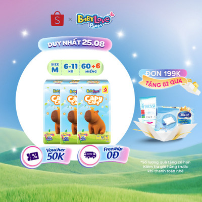 Combo 3 Tã quần Baby Love Capycapy - 12H Thấm hút size M66/L56/XL52/XXL48/3XL34/4XL30/5XL26