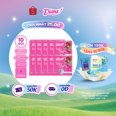 Combo 10 Băng Vệ Sinh Diana Siêu thấm Siêu Mỏng Có Cánh/ Không Cánh 8 Miếng/gói