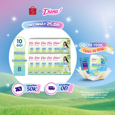 Combo 10 Băng Vệ Sinh Diana Sensi Cool Fresh Mát Dịu Siêu Mỏng Cánh/ Không Cánh 8 miếng/gói