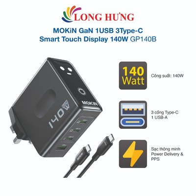 Cốc sạc MOKiN GaN 1USB 3Type-C Smart Touch Display 140W GP140B - Hàng chính hãng