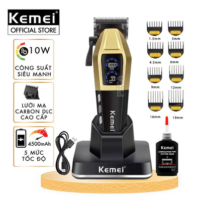 Tông đơ cắt tóc chuyên nghiệp Kemei KM-1509 công suất mạnh 10W, lưỡi cắt mạ carbon DLC, 5 tốc độ - Chính hãng