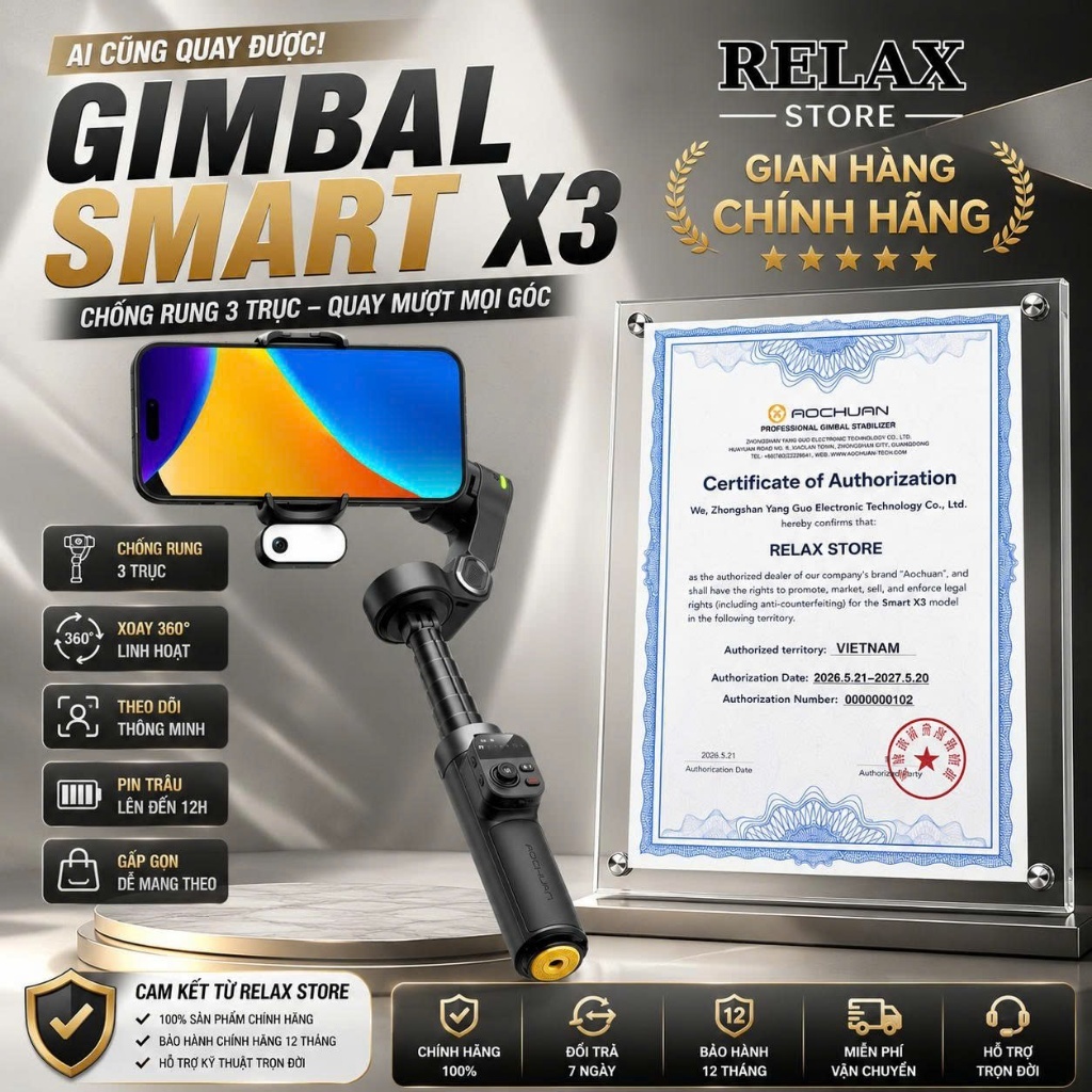 Gimbal SMART X3 PRO phiên bản 2026, Gymbal chống rung điện thoại quay phim chụp ảnh theo dõi vật thể